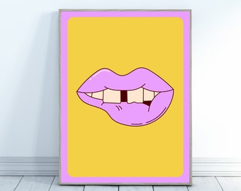 Retro Lips Print, Downloadable Wall Art, Yellow Print, Trendy 70s Print,  Cheeky Wall Art, Colorful downloadable Print, Quirky Wall Art