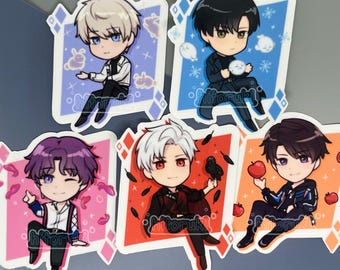 May include: Set of five stickers featuring anime-style characters with different backgrounds and colors. The characters are all male and have different hairstyles and clothing. The stickers are square shaped and have a white border.