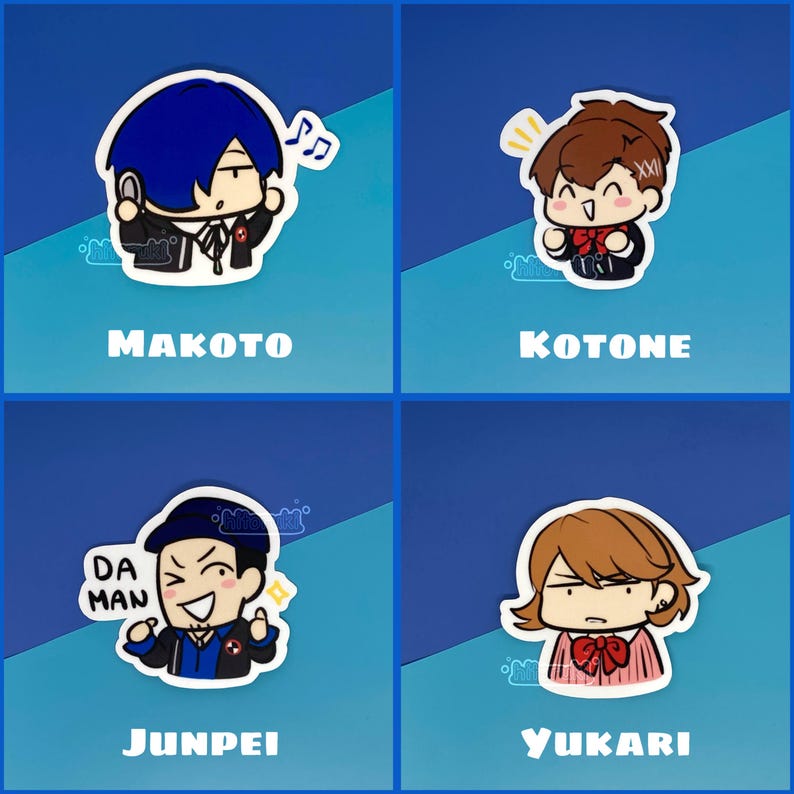 May include: Four colorful cartoon character stickers with their names below. The characters are Makoto, Kotone, Junpei, and Yukari. The stickers are on a blue background.