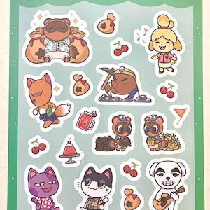 Puede incluir: Una hoja de pegatinas de Animal Crossing con varios personajes como Tom Nook, Isabelle y K.K. Slider. Las pegatinas son coloridas y de dibujos animados, con un borde verde y las palabras "animal crossing part 1" en la parte superior.