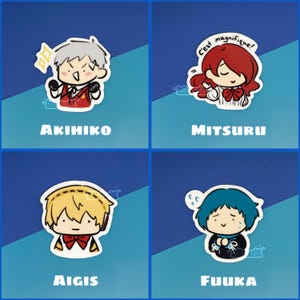 May include: Four illustrated stickers featuring characters from the Persona series. The stickers are white with a black outline and feature the characters Akihiko, Mitsuru, Aigis, and Fuuka. The characters are drawn in a chibi style and have different expressions.