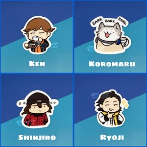 May include: Four colorful stickers featuring cartoon characters. The stickers are on a blue background. The characters are Ken, Koromaru, Shinjiro, and Ryoji.