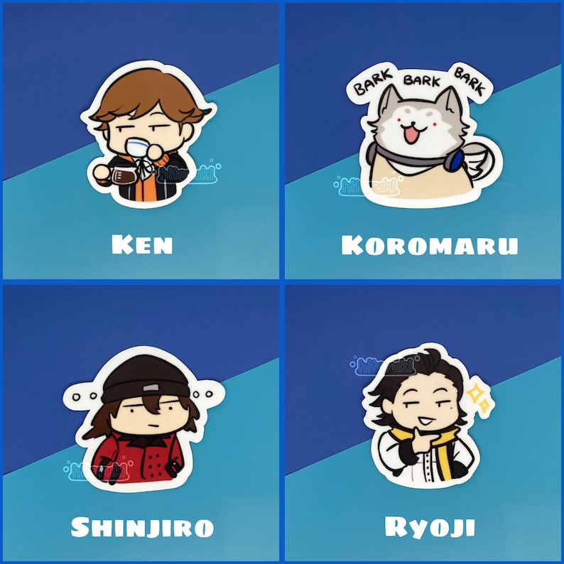 May include: Four colorful stickers featuring cartoon characters. The stickers are on a blue background. The characters are Ken, Koromaru, Shinjiro, and Ryoji.