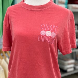 May include: Coral-colored short-sleeved t-shirt with the embroidered phrase "CHOOSE KINDNESS" and three smiling faces. The shirt is displayed on a mannequin. Casual wear.