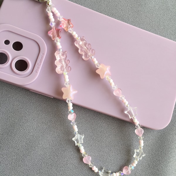 Pink Gummy Bear phone strap Beads strap Luminious star