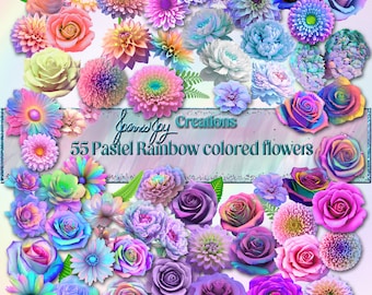 55 Iridescent Pastel Rainbow Flowers Clipart: 300 DPI PNG (Digital Download)