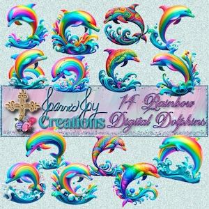 Rainbow dolphins - 14 cute and whimsical digital PNG files.  Clip art, sublimation, digital scrapbooking, card making and more.