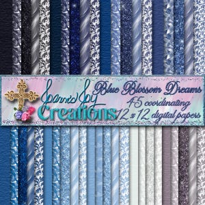 May include: A set of 45 digital papers in blue, white, and silver colors. The papers feature various patterns, including glitter, swirls, and damask. The papers are 12x12 inches and are perfect for scrapbooking, card making, and other crafting projects.