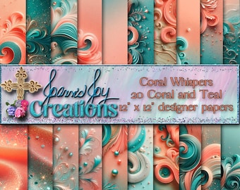 Zestaw papieru cyfrowego Coral & Teal: Scrapbooking, Sublimacja (pobierz JPEG 12 x 12 cali)