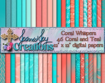 Pakiet papieru cyfrowego Coral & Teal: scrapbooking, sublimacja (pliki JPEG 12x12)