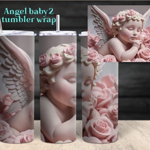 Può includere: Un design di sublimazione con un bambino angelo addormentato con le ali, che indossa una corona di fiori e circondato da rose rosa. Il design è pensato per essere utilizzato come un involucro per bicchieri.