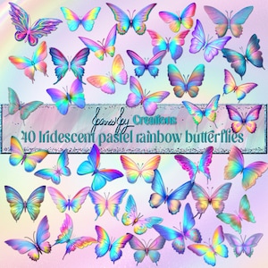 40 farfalle color arcobaleno pastello iridescente. PNG 300 DPI di alta qualità. Clipart, PNG, Elemento digitale, Download istantaneo, Uso commerciale