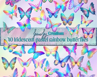 Iridescent Pastel Rainbow Butterflies Clipart: 40 PNG Digital Elements (Commercial Use)