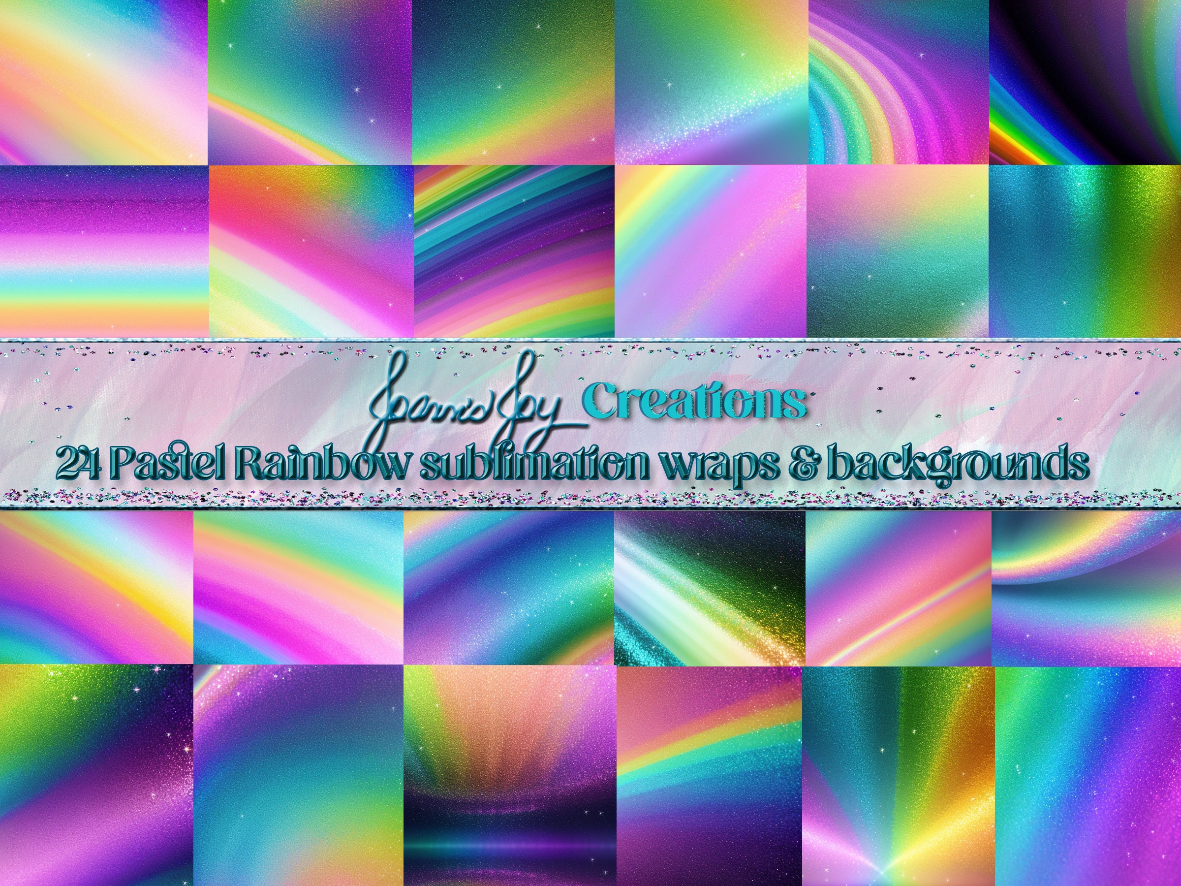 24 Iridescent Pastel Rainbow Sublimation Wraps: Glitter Backgrounds (JPEG, PNG)