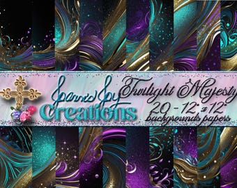Purple Teal Gold Digital Paper: Twilight Majesty Backgrounds (PNG & JPEG)