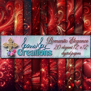 Romantic Red Glitter Digital Paper: Hearts & Swirls (Digital Download)