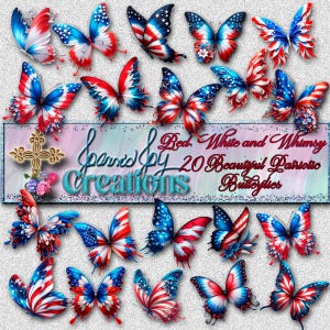 Collection Rouge, Blanc et Fantaisie - Papillons patriotiques. Images clipart, papillons numériques, 4 juillet, fête du Travail et plus encore. Fichiers PNG de haute qualité.