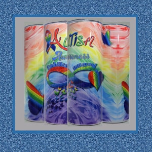 May include: Three stainless steel tumblers with a rainbow swirl design. The tumblers feature a blue ribbon, an infinity symbol with a puzzle piece heart, and a butterfly with rainbow wings. The text "Autism Awareness Embrace Different" is printed on the tumblers.