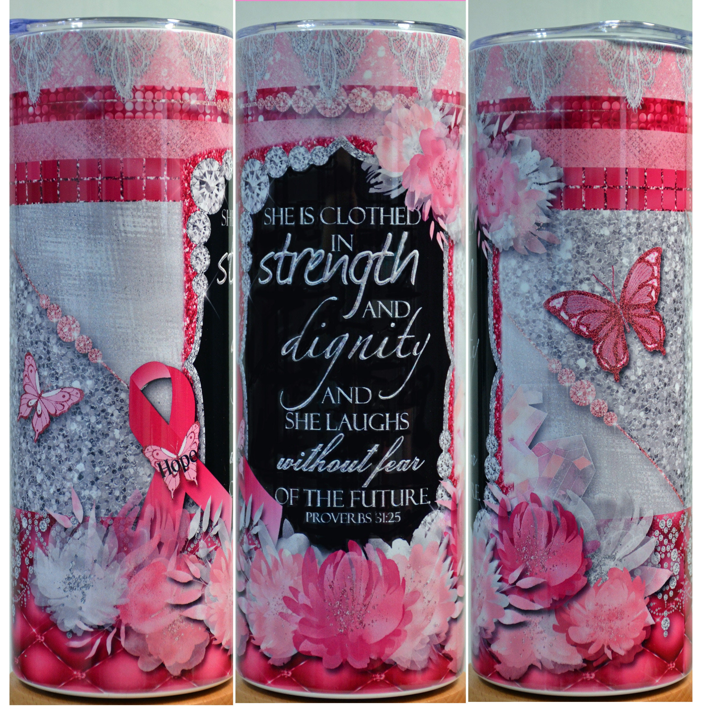 She is Clothed in Strength Glitter Effect 20 oz Skinny Tumbler