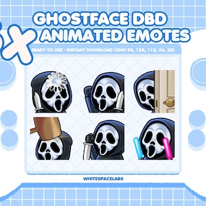 Puede incluir: Gráfico digital con seis emoticonos animados de Ghostface de Dead by Daylight. Los emoticonos se muestran sobre un fondo azul claro con un patrón de cuadrícula. El texto "GHOSTFACE DBD ANIMATED EMOTES" está en la parte superior.