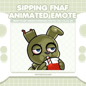 以下が含まれることがあります： Five Nights at Freddy's (FNaF) の緑色のキャラクターがストローで赤い飲み物を飲んでいるデジタルイラスト。白いゲームコントローラーのフレーム内にあり、「SIPPING FNAF ANIMATED EMOTE」のテキストが表示されています。背景は薄い緑色の格子模様。