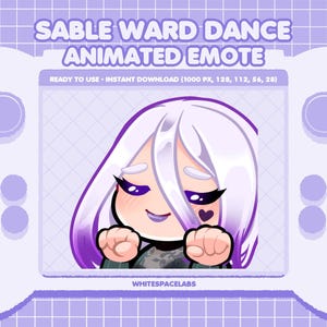 Peut inclure: Illustration numérique d'un emote animé, avec un personnage aux cheveux blancs et des accents violets, affiché sur une manette de jeu violet clair. L'emote a un cœur sur la joue et le texte "SABLE WARD DANCE ANIMATED EMOTE".