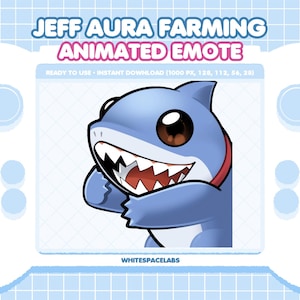 Könnte beinhalten: Ein animiertes Emote mit einem blauen Hai-Charakter mit großen dunklen Augen und scharfen Zähnen, dargestellt in einem weißen Handheld-Spielkonsolenrahmen. Der Text lautet JEFF AURA FARMING ANIMATED EMOTE, READY TO USE - INSTANT DOWNLOAD (1000 PX, 128, 112, 56, 28) und WHITESPACELABS.