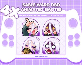May include: Four animated emotes featuring a character with white hair and purple accents, displayed on a purple background. The emotes show various expressions, including sticking out the tongue and wide-eyed surprise. Text includes "SABLE WARD DBD ANIMATED EMOTES".