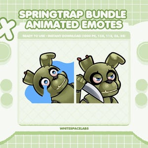 May include: A digital graphic featuring two animated Springtrap emotes. One shows Springtrap crying, the other holding a knife. The text "SPRINGTRAP BUNDLE ANIMATED EMOTES" is displayed above the images. The background is a light green grid.