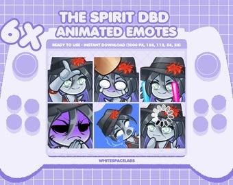 Könnte beinhalten: Digitales Kunst-Grafik mit sechs animierten Emotes eines Charakters mit Hut und roter Blume. Die Emotes zeigen verschiedene Ausdrücke, vor einem lila Hintergrund mit einem Gamecontroller-Design. Text lautet "THE SPIRIT DBD ANIMATED EMOTES".