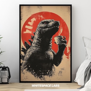 Póster vintage japonés de Godzilla / Descarga digital para amantes del café / Arte mural retro de Kaiju