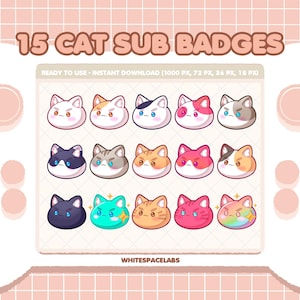 15 Cute Cat Head Twitch Sub Badges | Streamer Badges | Cute Kitten Emotes | PNG Transparent | Instant Download