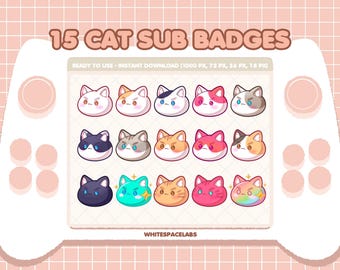 15 Cute Cat Head Twitch Sub Badges | Streamer Badges | Cute Kitten Emotes | PNG Transparent | Instant Download