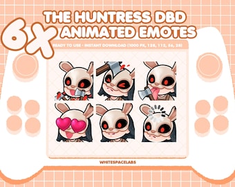 May include: Digital download featuring six animated emotes of The Huntress from Dead by Daylight. Each emote depicts a white rabbit-like character with red eyes, expressing different emotions and actions, including holding an axe and wearing heart-shaped sunglasses. The text "THE HUNTRESS DBD ANIMATED EMOTES" is displayed.