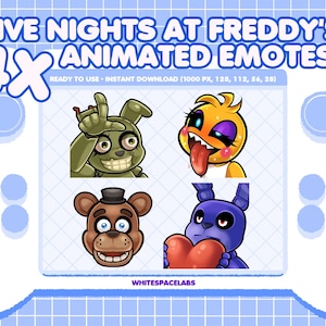 May include: Digital art featuring four animated emotes from "Five Nights at Freddy's." The emotes are displayed on a white game controller-shaped background with a blue grid pattern. The text "FIVE NIGHTS AT FREDDY'S ANIMATED EMOTES" is at the top.