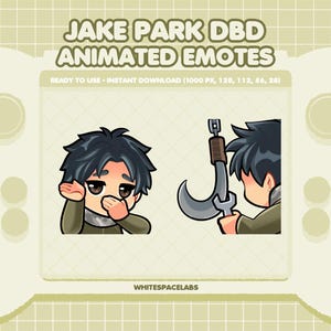 May include: Two digital animated emotes featuring the character Jake Park from Dead by Daylight. One emote shows the character covering their mouth, while the other shows the character holding a metal hook. Text reads JAKE PARK DBD ANIMATED EMOTES.