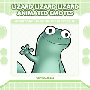 Puede incluir: Gráfico digital de un lagarto verde claro sonriente y saludando. El lagarto está sobre un fondo blanco dentro de un marco de mando de juego estilizado. El texto en la parte superior dice "LIZARD LIZARD LIZARD ANIMATED EMOTES".