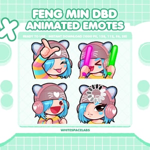 Peut inclure: Quatre emotes animées représentant un personnage aux cheveux bleus et un chapeau d'oreille de chat. Les emotes affichent diverses expressions et actions, notamment un signe de paix, tenant des bâtons lumineux et un visage souriant. Le texte sur l'image indique "FENG MIN DBD ANIMATED EMOTES".