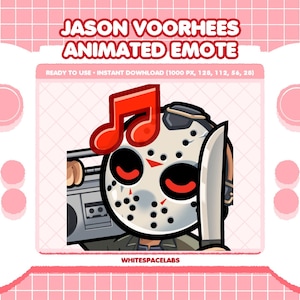 May include: Animated emote of Jason Voorhees, wearing a hockey mask and holding a knife and boombox, with a red musical note. Set against a pink grid with a game controller design. Text reads "JASON VOORHEES ANIMATED EMOTE".