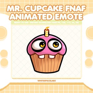 May include: A cartoon image of Mr. Cupcake from FNAF. The pink cupcake has large, expressive eyes, two teeth, and a lit candle. The image is set against a yellow grid background and includes the text "MR. CUPCAKE FNAF ANIMATED EMOTE."