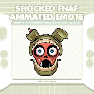 May include: Animated emote featuring a shocked character from the game Five Nights at Freddy's. The character has a red skull with wide blue eyes and a green headpiece. The text "SHOCKED FNAF ANIMATED EMOTE" is at the top.