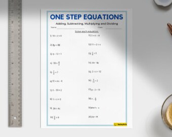 May include: A white educational worksheet titled ONE STEP EQUATIONS with the subtitle Adding, Subtracting, Multiplying and Dividing. The page contains twenty math problems for students to solve, featuring a blue border and a small yellow logo.