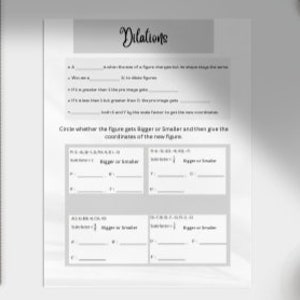 May include: A white educational worksheet titled Dilations with black text and maths problems. The page includes fill-in-the-blank definitions and coordinate geometry exercises. A metal ruler with centimetre markings is positioned vertically on the left side.