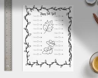 May include: A white rectangular worksheet with black ink featuring a decorative border of vines and leaves. The text reads Happy Fall Y'all at the top, followed by a series of multiplication math problems with empty boxes and three leaf illustrations.