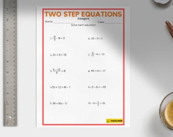 May include: A white worksheet titled TWO STEP EQUATIONS with the subtitle Integers, featuring ten math problems to solve. The page has a red border, lines for Name and Class, and a SmileyMath logo. A metal ruler showing inches is on the left.