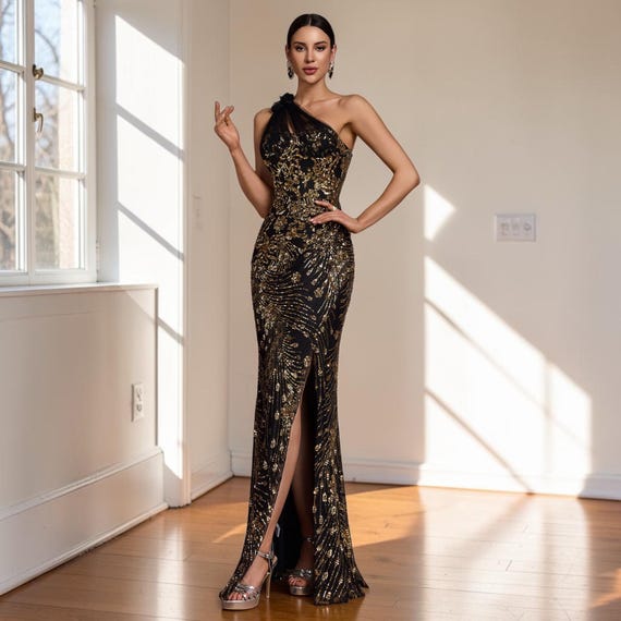 one shoulder black and gold dress Evening Formal Dress Black-Gold Colorblock One-Shoulder Metallic Maxi Dress-chiclody CHICLODY