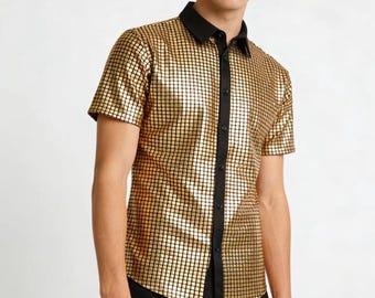 Herenoverhemd met gouden metallic raster en glitter, zwarte kraag, korte mouwen, feestkleding