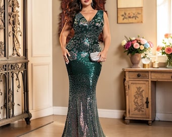 Elegancka suknia z cekinami w dużym rozmiarze - sukienka na studniówkę - sukienka dla gościa weselnego - strój wieczorowy formalny