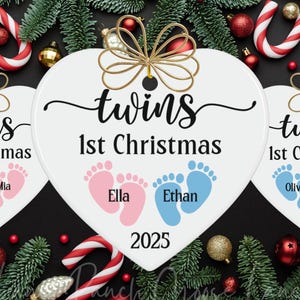 Twins 1st Christmas Ornament, Babys First Christmas 2025, Personalized Baby Feet Keepsake Tree Decoration, Twin Mom Footprint Holiday Gift
