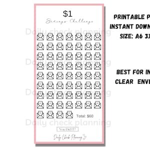 Puede incluir: Un desafío de ahorro en PDF imprimible con un borde rosa. El diseño presenta una cuadrícula de sobres, cada uno representando un objetivo de ahorro de 1 €, por un total de 60 €. El texto incluye "Desafío de ahorro de 1 €", "Descarga instantánea de PDF imprimible" y "Ideal para dentro de un sobre transparente."